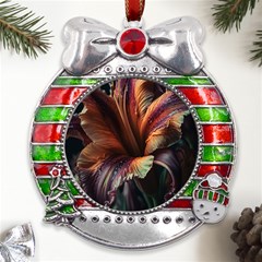 Flower Orange Lilly Metal X mas Ribbon With Red Crystal Round Ornament by Ndabl3x