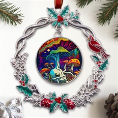 Mushrooms Fungi Psychedelic Metal X mas Wreath Holly Leaf Ornament by Ndabl3x