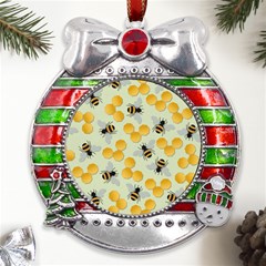 Honey Bee Bees Pattern Metal X mas Ribbon With Red Crystal Round Ornament