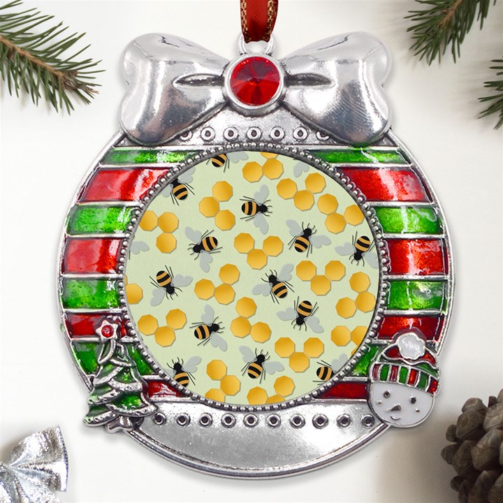 Honey Bee Bees Pattern Metal X Mas Ribbon With Red Crystal Round Ornament