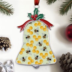 Honey Bee Bees Pattern Metal Holly Leaf Bell Ornament