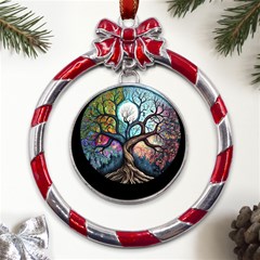 Tree Colourful Metal Red Ribbon Round Ornament by Ndabl3x