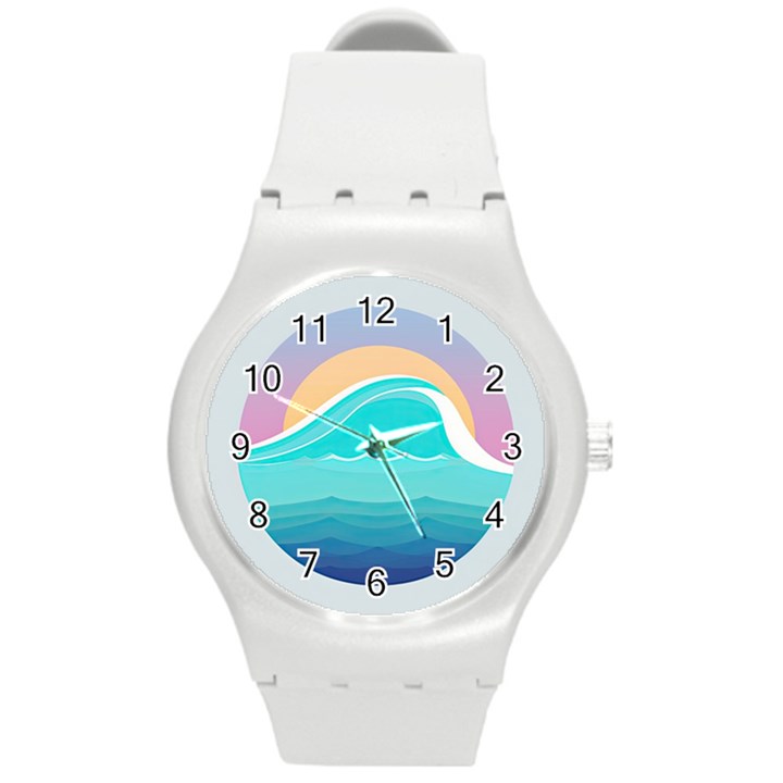 Tsunami Tidal Wave Minimalist Logo Ocean Sea Round Plastic Sport Watch (M)