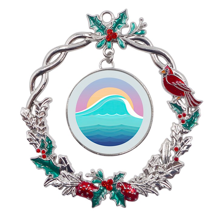 Tsunami Tidal Wave Minimalist Logo Ocean Sea Metal X mas Wreath Holly leaf Ornament