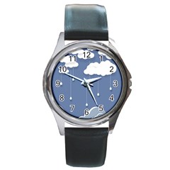 Blue Clouds Rain Raindrops Weather Sky Raining Round Metal Watch by Wav3s