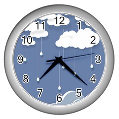 Blue Clouds Rain Raindrops Weather Sky Raining Wall Clock (silver) by Wav3s