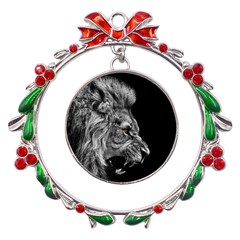 Angry Male Lion Roar Metal X mas Wreath Ribbon Ornament by Wav3s