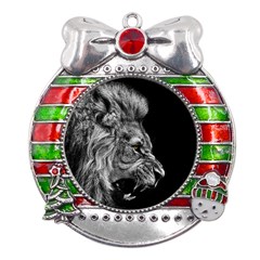 Angry Male Lion Roar Metal X mas Ribbon With Red Crystal Round Ornament by Wav3s