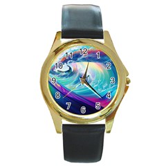 Wave Ocean Sea Tsunami Nautical Nature Water Round Gold Metal Watch by Wav3s