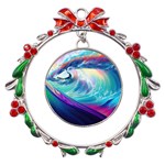 Wave Ocean Sea Tsunami Nautical Nature Water Metal X mas Wreath Ribbon Ornament Front