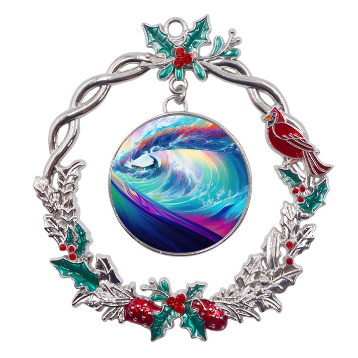 Wave Ocean Sea Tsunami Nautical Nature Water Metal X mas Wreath Holly leaf Ornament