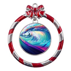 Wave Ocean Sea Tsunami Nautical Nature Water Metal Red Ribbon Round Ornament by Wav3s