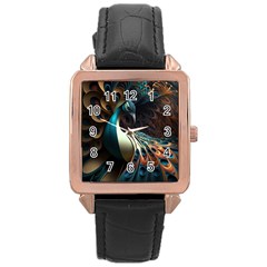 Peacock Bird Feathers plumage Colorful Texture Abstract Rose Gold Leather Watch 