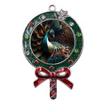 Peacock Bird Feathers plumage Colorful Texture Abstract Metal X Mas Lollipop with Crystal Ornament Front