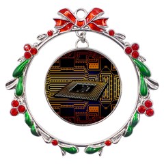 Processor Cpu Board Circuit Metal X mas Wreath Ribbon Ornament by Wav3s