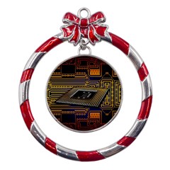 Processor Cpu Board Circuit Metal Red Ribbon Round Ornament by Wav3s