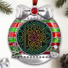 Circuit Hexagonal Geometric Pattern Background Pattern Metal X Mas Ribbon With Red Crystal Round Ornament