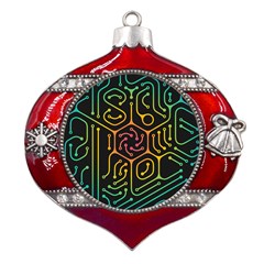 Circuit Hexagonal Geometric Pattern Background Pattern Metal Snowflake And Bell Red Ornament