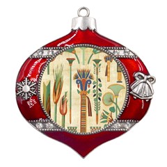 Egyptian Paper Papyrus Hieroglyphs Metal Snowflake And Bell Red Ornament by Wav3s