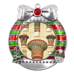 Egyptian Architecture Column Metal X mas Ribbon With Red Crystal Round Ornament by Wav3s