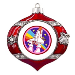 Badge-patch-pink-rainbow-rocket Metal Snowflake And Bell Red Ornament by Wav3s