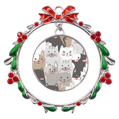 Cute Cats Seamless Pattern Metal X mas Wreath Ribbon Ornament by Wav3s