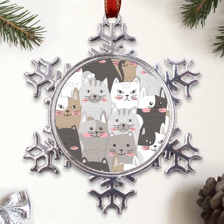 Cute Cats Seamless Pattern Metal Large Snowflake Ornament