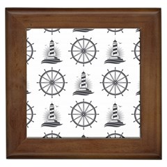 Marine-nautical-seamless-pattern-with-vintage-lighthouse-wheel Framed Tile by Wav3s