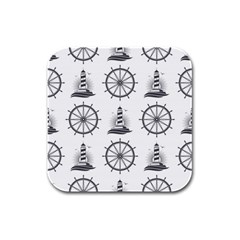 Marine-nautical-seamless-pattern-with-vintage-lighthouse-wheel Rubber Square Coaster (4 Pack) by Wav3s