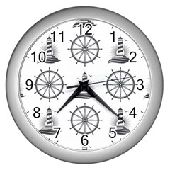 Marine-nautical-seamless-pattern-with-vintage-lighthouse-wheel Wall Clock (silver) by Wav3s