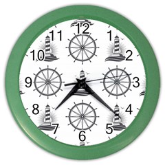 Marine-nautical-seamless-pattern-with-vintage-lighthouse-wheel Color Wall Clock by Wav3s