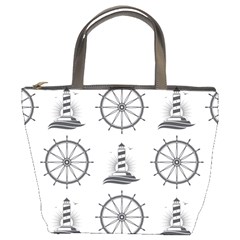 Marine-nautical-seamless-pattern-with-vintage-lighthouse-wheel Bucket Bag by Wav3s