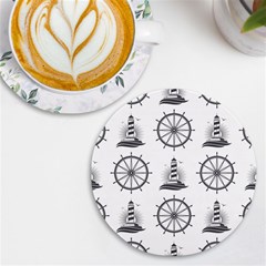 Marine-nautical-seamless-pattern-with-vintage-lighthouse-wheel Uv Print Round Tile Coaster by Wav3s