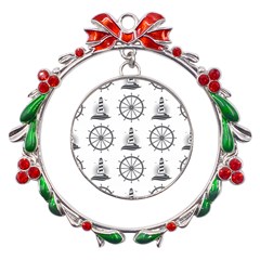 Marine-nautical-seamless-pattern-with-vintage-lighthouse-wheel Metal X mas Wreath Ribbon Ornament by Wav3s