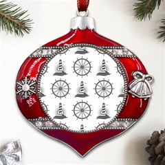 Marine-nautical-seamless-pattern-with-vintage-lighthouse-wheel Metal Snowflake And Bell Red Ornament by Wav3s