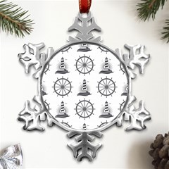 Marine-nautical-seamless-pattern-with-vintage-lighthouse-wheel Metal Small Snowflake Ornament by Wav3s