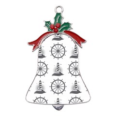 Marine-nautical-seamless-pattern-with-vintage-lighthouse-wheel Metal Holly Leaf Bell Ornament by Wav3s