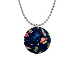 Seamless-pattern-with-funny-aliens-cat-galaxy 1  Button Necklace by Wav3s