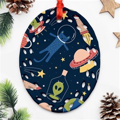 Seamless-pattern-with-funny-aliens-cat-galaxy Oval Filigree Ornament (two Sides)