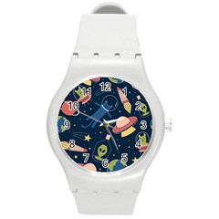 Seamless-pattern-with-funny-aliens-cat-galaxy Round Plastic Sport Watch (m)