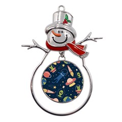 Seamless-pattern-with-funny-aliens-cat-galaxy Metal Snowman Ornament by Wav3s