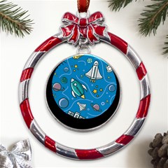 About-space-seamless-pattern Metal Red Ribbon Round Ornament by Wav3s