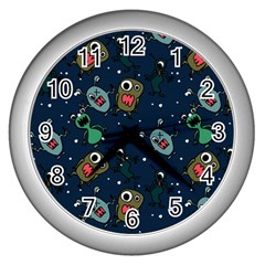 Monster-alien-pattern-seamless-background Wall Clock (silver) by Wav3s