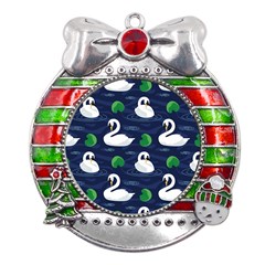 Swan-pattern-elegant-design Metal X mas Ribbon With Red Crystal Round Ornament by Wav3s