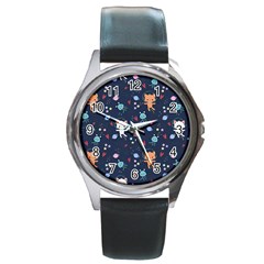 Cute Astronaut Cat With Star Galaxy Elements Seamless Pattern Round Metal Watch by Wegoenart