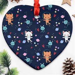 Cute Astronaut Cat With Star Galaxy Elements Seamless Pattern Ornament (heart)