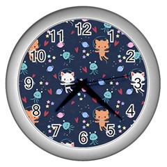 Cute Astronaut Cat With Star Galaxy Elements Seamless Pattern Wall Clock (silver) by Wegoenart