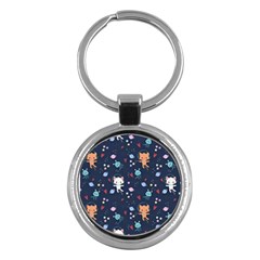 Cute Astronaut Cat With Star Galaxy Elements Seamless Pattern Key Chain (round) by Wegoenart