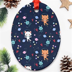 Cute Astronaut Cat With Star Galaxy Elements Seamless Pattern Oval Ornament (two Sides)