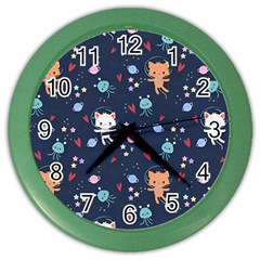 Cute Astronaut Cat With Star Galaxy Elements Seamless Pattern Color Wall Clock by Wegoenart